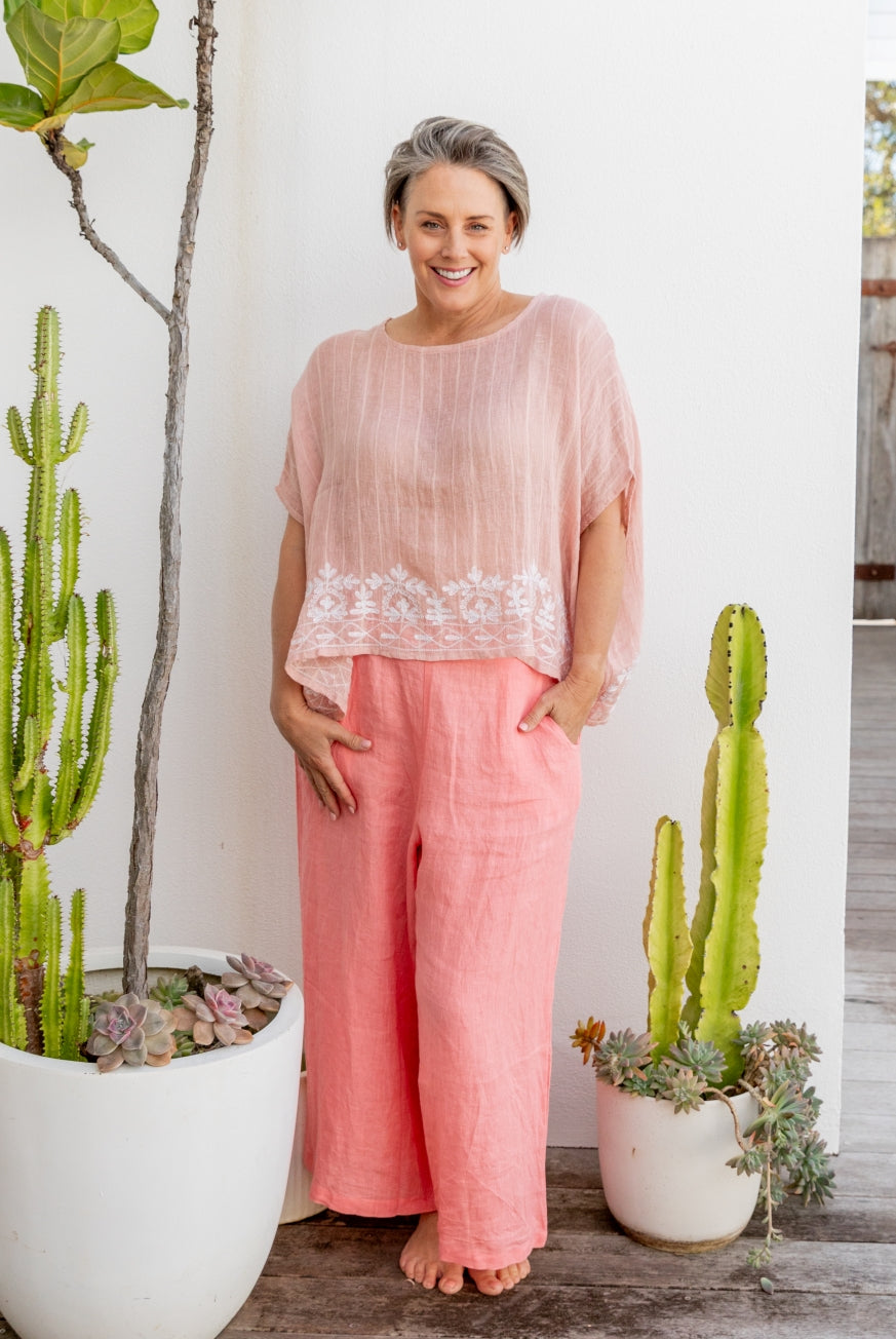 Embroidered Linen Gauze Floaty Top