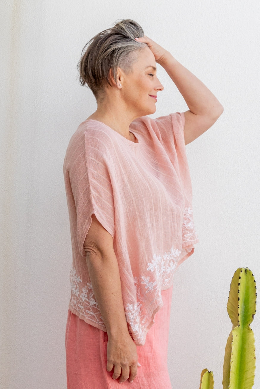 Embroidered Linen Gauze Floaty Top