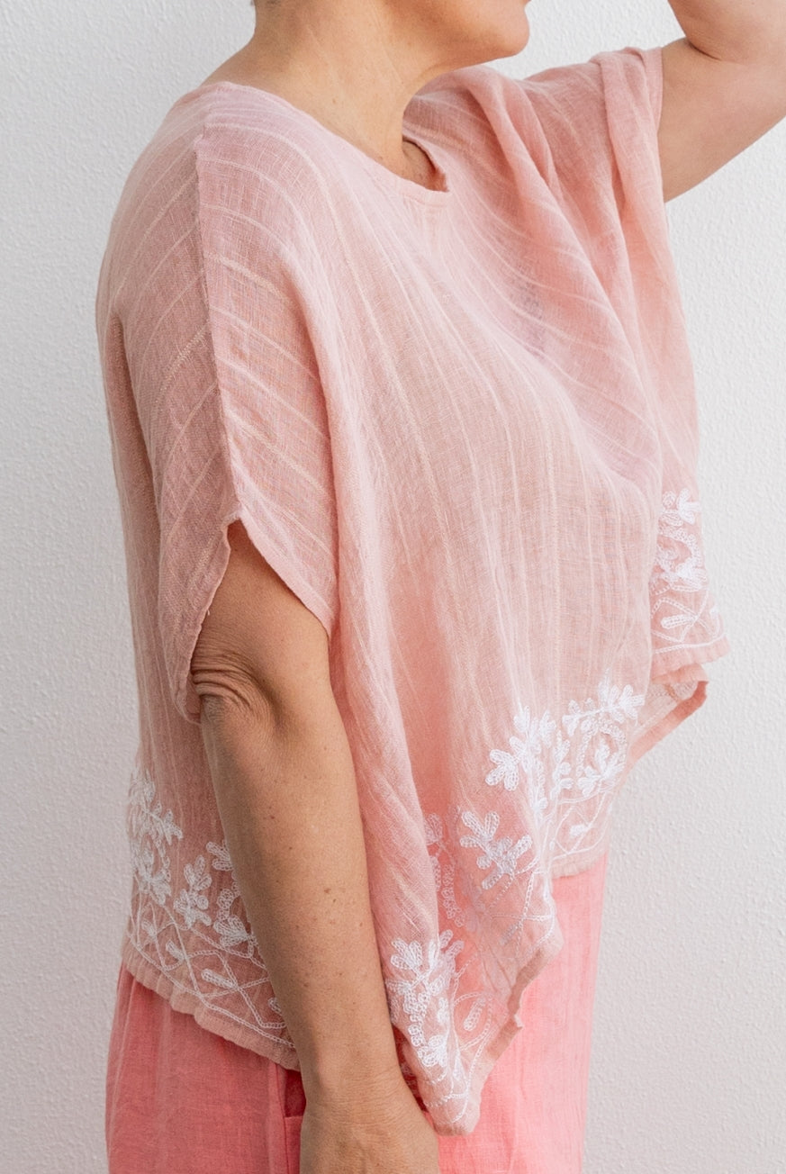 Embroidered Linen Gauze Floaty Top