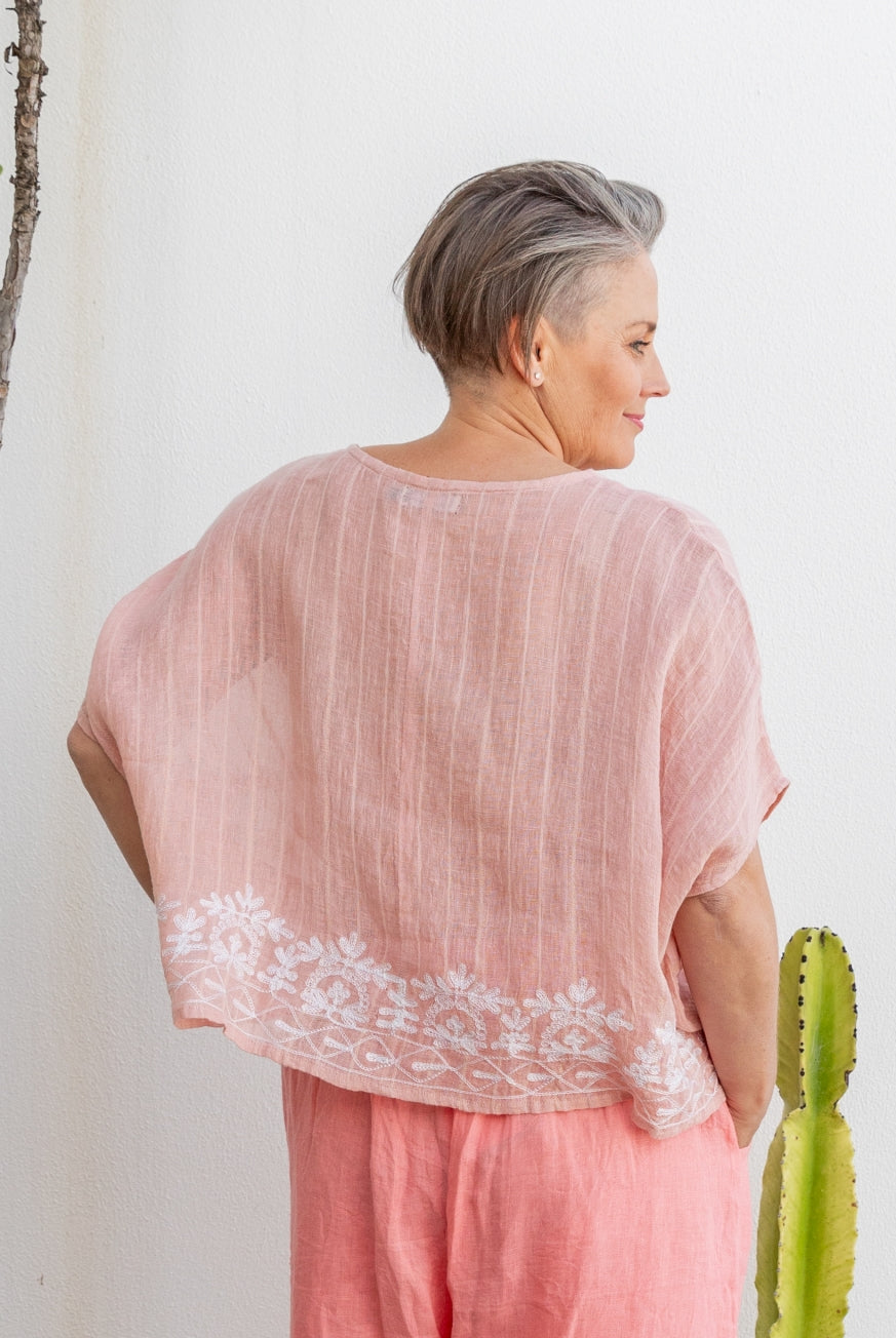 Embroidered Linen Gauze Floaty Top