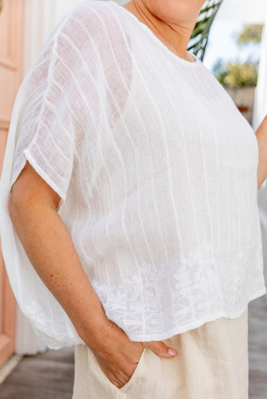 Embroidered Linen Gauze Floaty Top