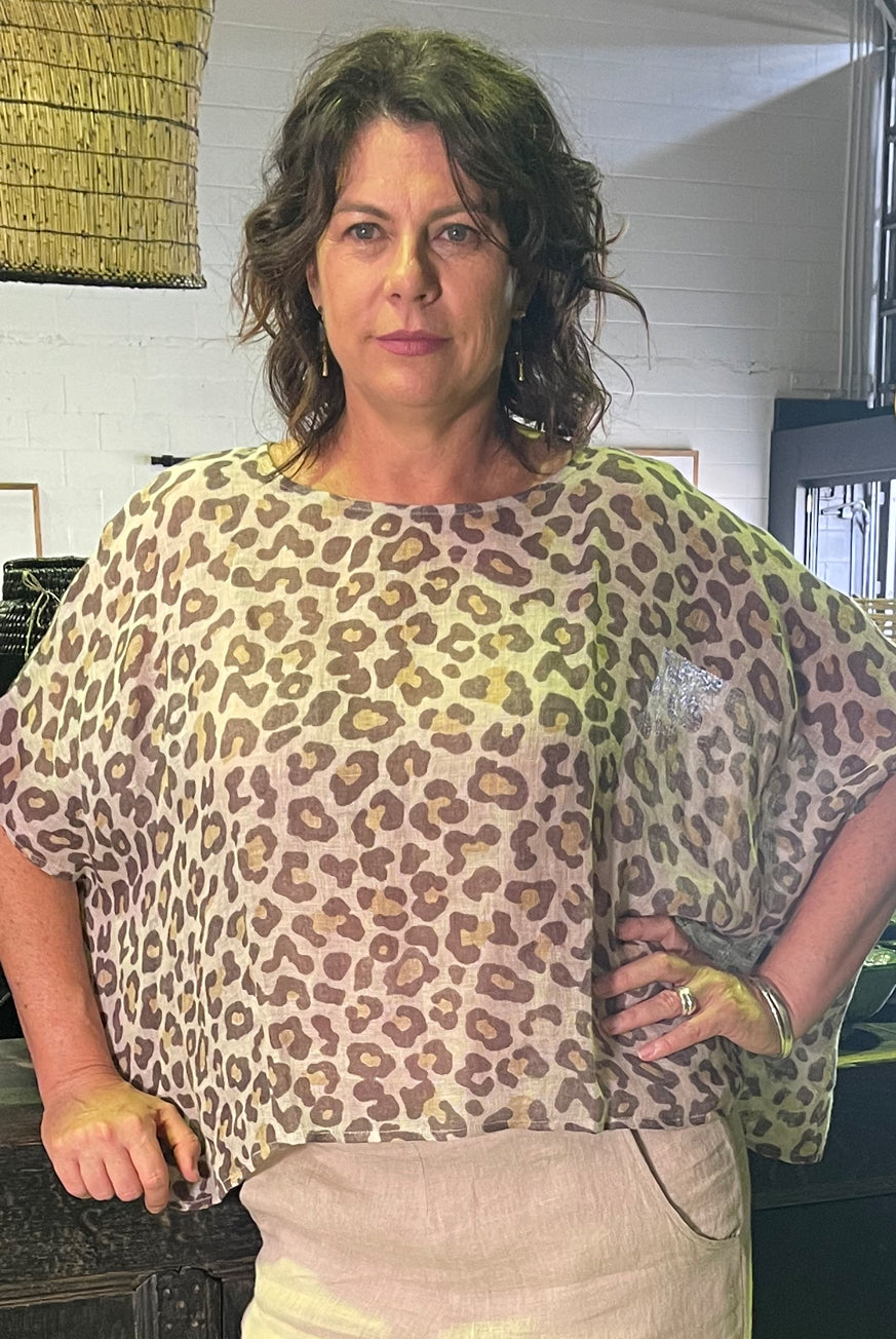 Leopard Print Pure Linen Top