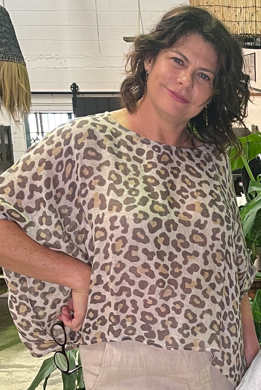 Leopard Print Pure Linen Top