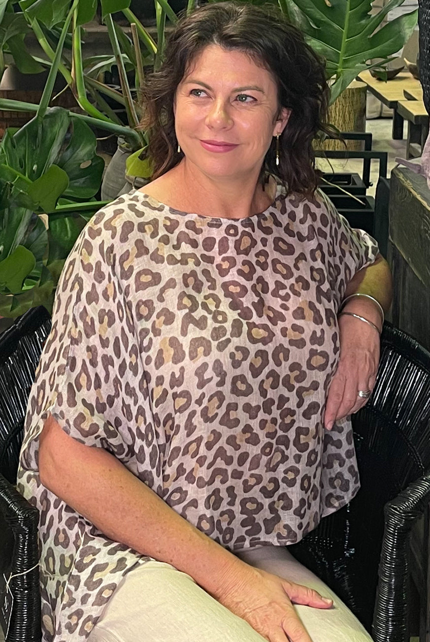 Leopard Print Pure Linen Top