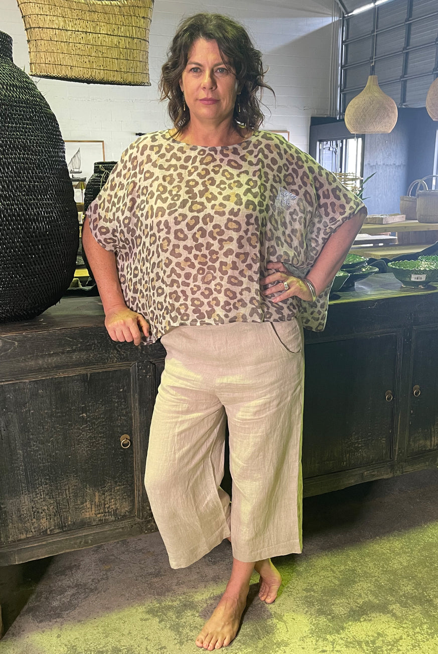 Leopard Print Pure Linen Top