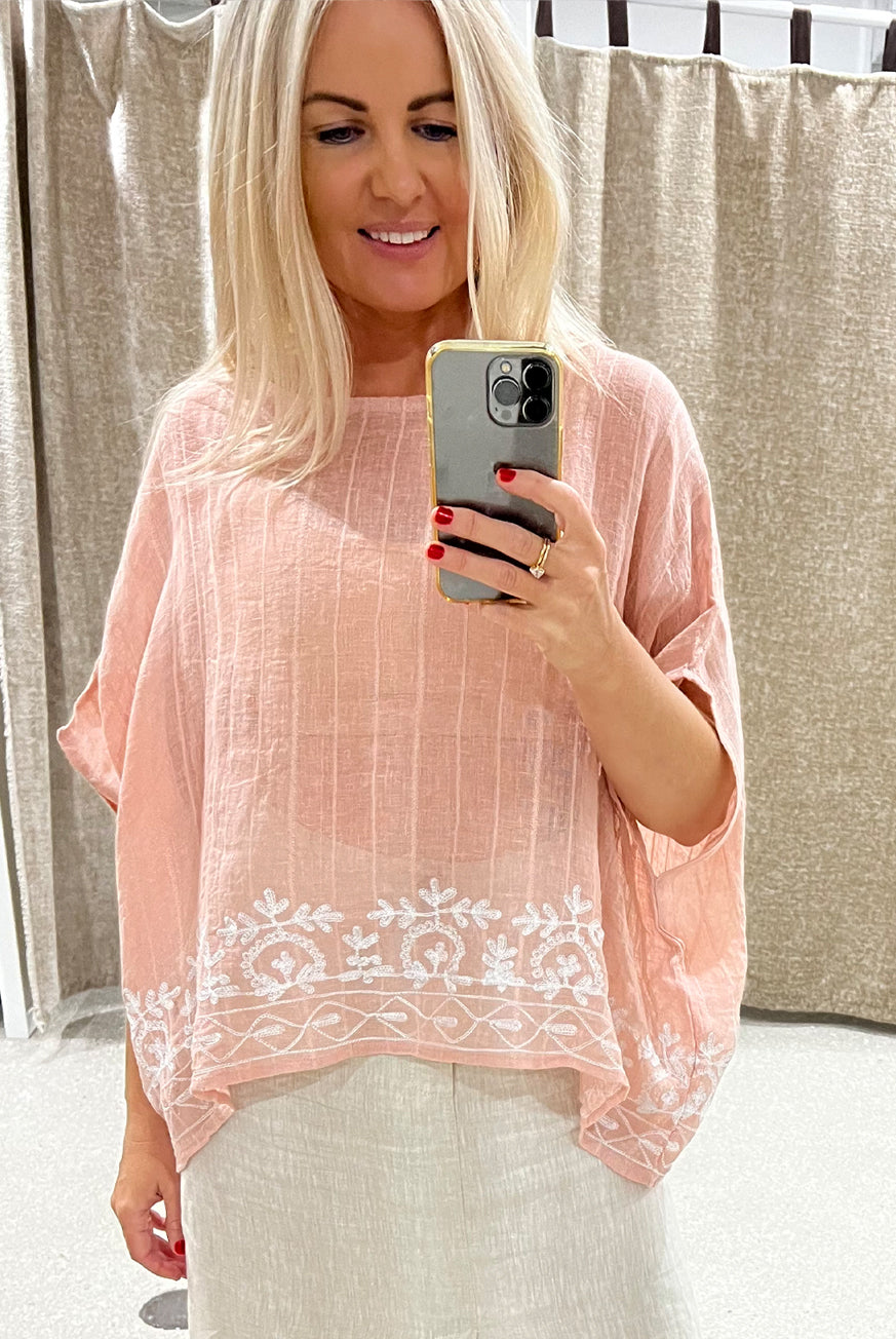 Embroidered Linen Gauze Floaty Top