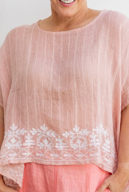 Embroidered Linen Gauze Floaty Top